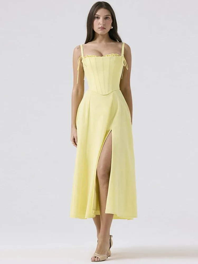 Articat Elegant Spaghetti Strap Body Long Dress Women Set Fishbone Tight Sexy Bareback Summer 2024 Split Strap Set Evening Dress