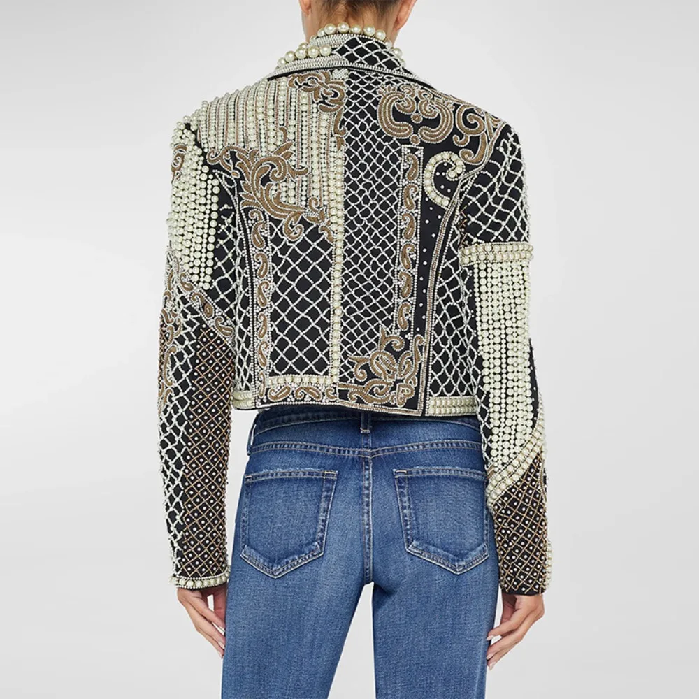 TWOTWINSTYLE Hit Color Spliced Pearl Jackets for Women Lapel Long Sleeve Designer Chic Coats Female Fashion New