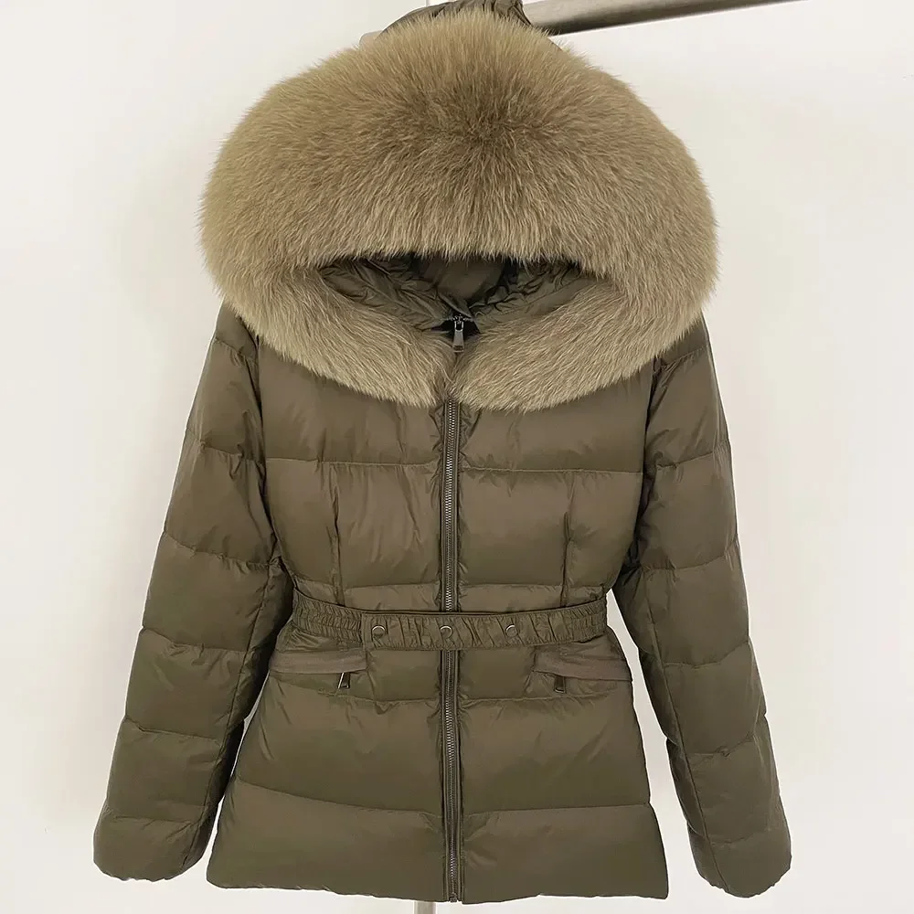 Damska kurtka puchowa z prawdziwego futra lisa na zimę 2025, duża, ocieplana, sznurowana w talii, ciepła, luźna parka z kapturem, płaszcz z białego puchu kaczego.