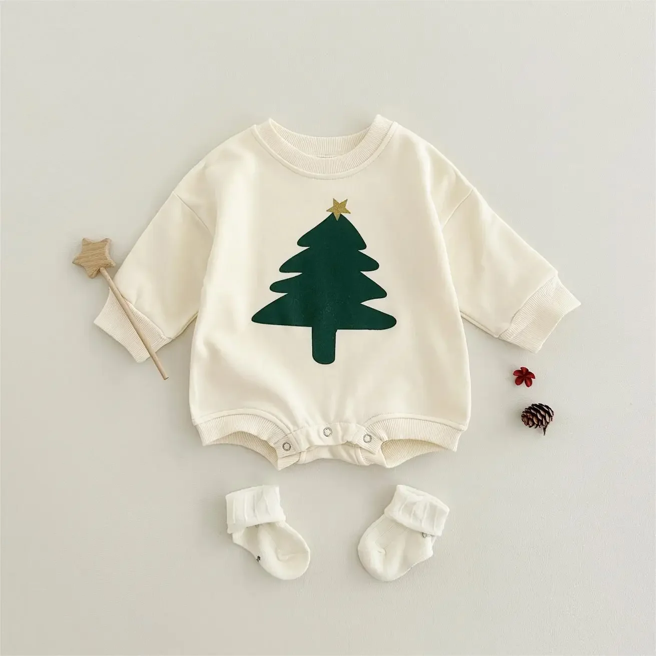 Kleinkind Baby Jungen Mädchen Grüner Weihnachtsbaum Stern-Druck Langarm-Strampler Baby Weicher Hautfreundlicher Herbst-Bodysuit – Detail 4
