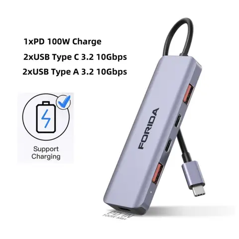 Forida USB C Hub 10Gbps USB C Splitter 100W Power Charging USB 3.2 Gen2 Adapter for Laptop MacBook Desktop Tablet PC SmartPhone