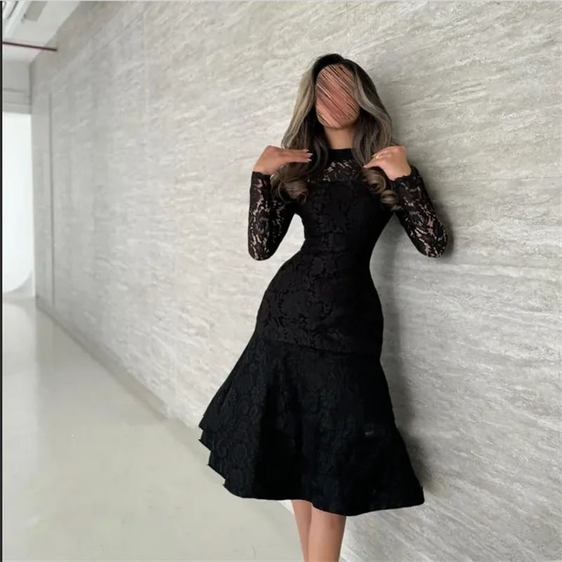 

Short Evening Dress High Neck Black Lace Customized A-Line Long Sleeve Arabic Mermaid Wedding Party Dress Vestido De Noche