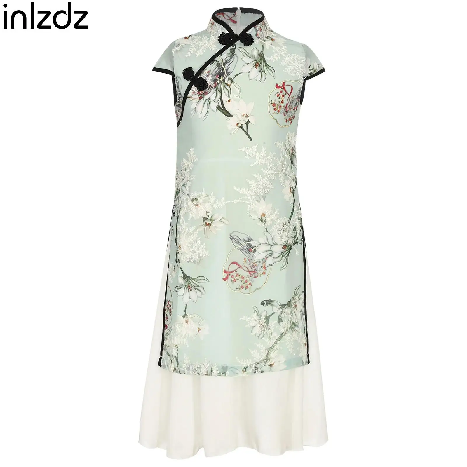 

Summer Chinese Style Girls Floral Print Embroidery Cheongsam Cap Sleeves Knot Button Sides Split Double-Layer Dress Kids Clothes