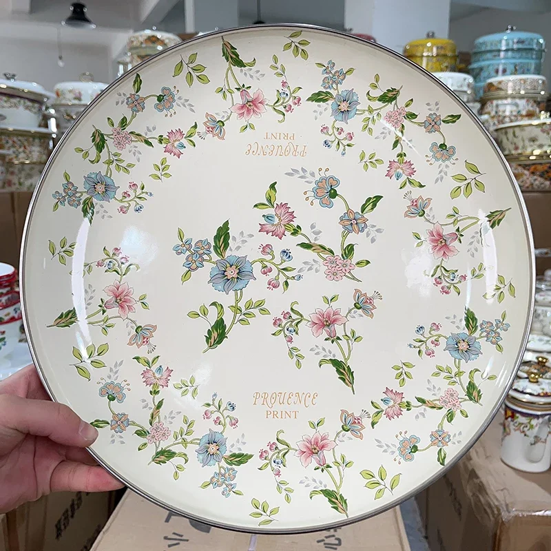 Enamel Purple Gold Flower Dessert Plate Vintage Refreshment Tray Home Living Room Decoration violet Enamel Dining Plate