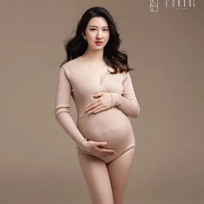 Sexy Knit Maternity Photography Bodysuit Outfits Long Sleeve Pregnancy Shoot Clothes For Pregnant Women Photo Body Clothing Tops