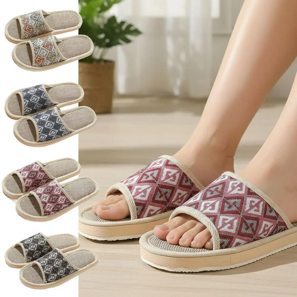 Four Season Couple's Multicolor Linen Slippers Women Indoor Striped Non-Slip Sandals Men Comfort Indoor Floor Breathable Slides