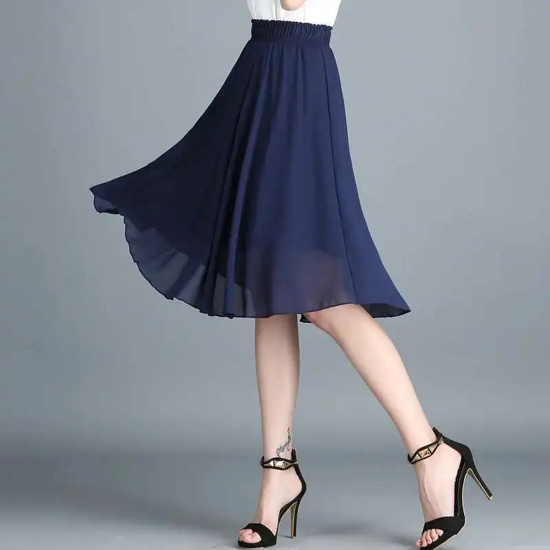 #1703 Black White Green Red Blue Chiffon Skirts Womens Elastic High Waist Pleated A-line Skirt Female Formal Skirt Knee Length