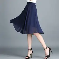 #1703 Black White Green Red Blue Chiffon Skirts Womens Elastic High Waist Pleated A-line Skirt Female Formal Skirt Knee Length