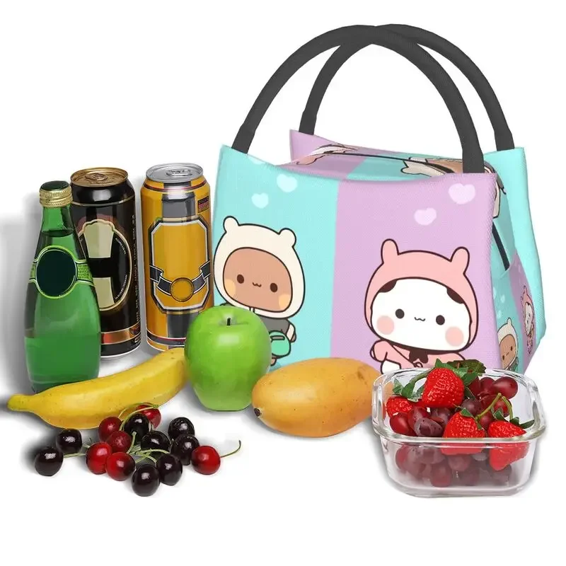 Dudu Bubu Mochi Peach Cat Funny Insulated Lunch Bags Women Resuable Panda Bear Hug Cooler Thermal Bento Box Office Picnic Travel