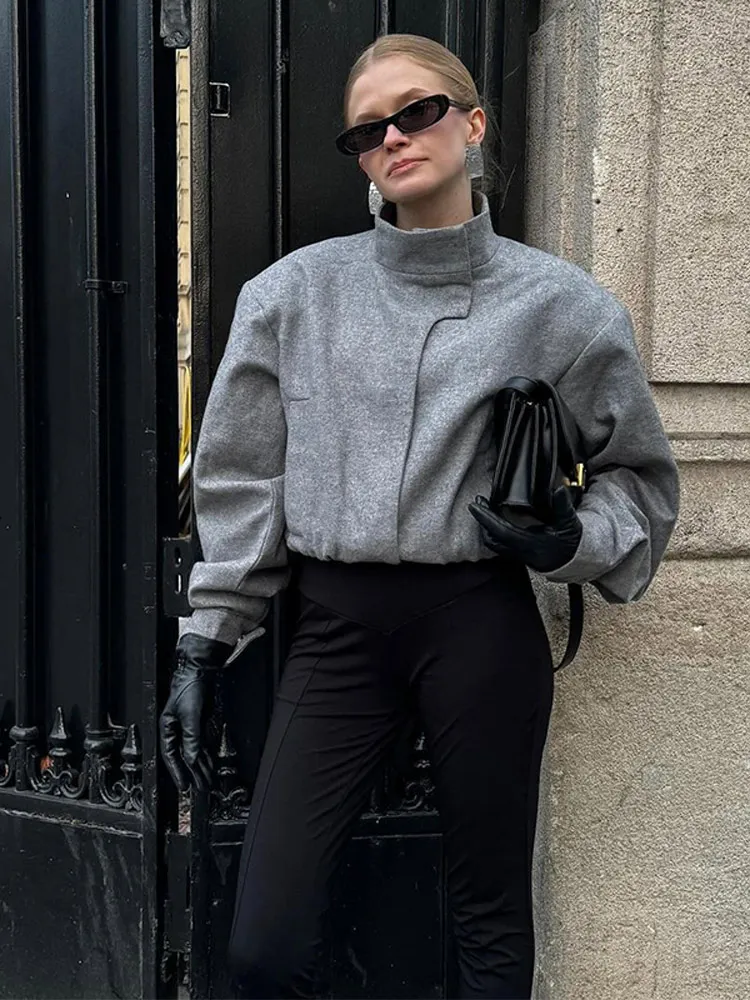 

Grey Chic Stand Collar Women's Cropped Jacket Fashion Elastic Hem Long Sleeve Coat With Pockets 2024 Elegant Lady New Streetwear