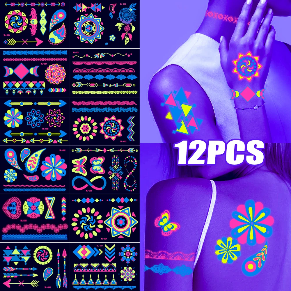 12/24 Stuks Lichtgevende Tijdelijke Tattoos Stickers Uv Neon Fluorescerende Glow In The Dark Voor Lichaam Gezicht Tattoo Stickers Party accessorie