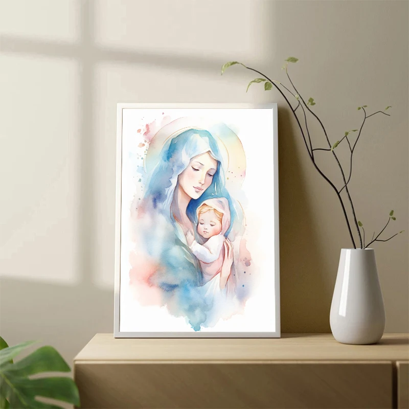 Watercolor Virgin Mary Jesus Christ Portrait Poster Print Canvas Painting Catholic Religion Wall Art Picture for Room Home Decor