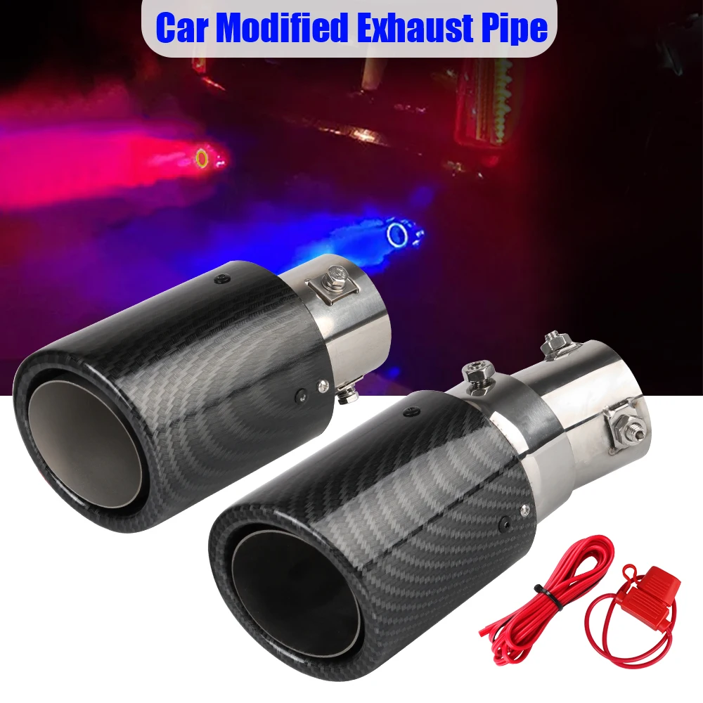 Car Exhaust Pipe Muffler Flaming Luminous With LED Flashing Decorative Light Motorcycle Tail Vent Carbon Fiber Universal 63-65mm