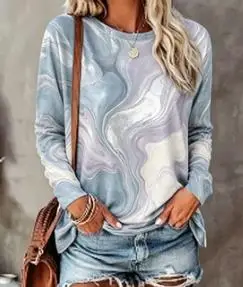 Women Long Sleeve T‑Shirt Green Gold Fluid Marble Swirl Print Crew Neck Loose Casual Daily Blouse Tops