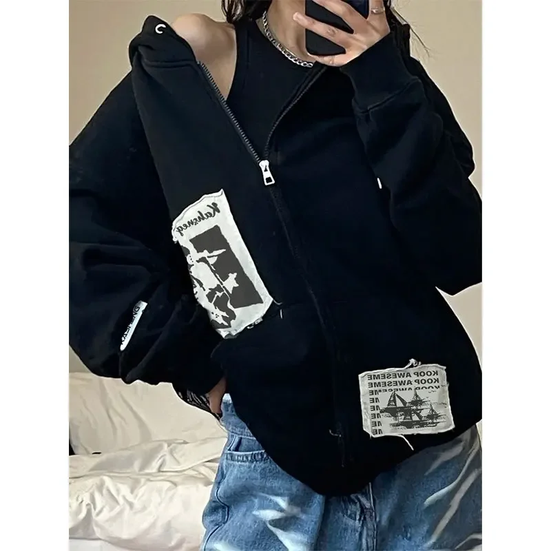 Gothic Hoodie Jackets Women Harajuku Oversized Zipper Jacket Autumn Winter Vintage Loose Hooded Sweatshirts Y2k streetwear