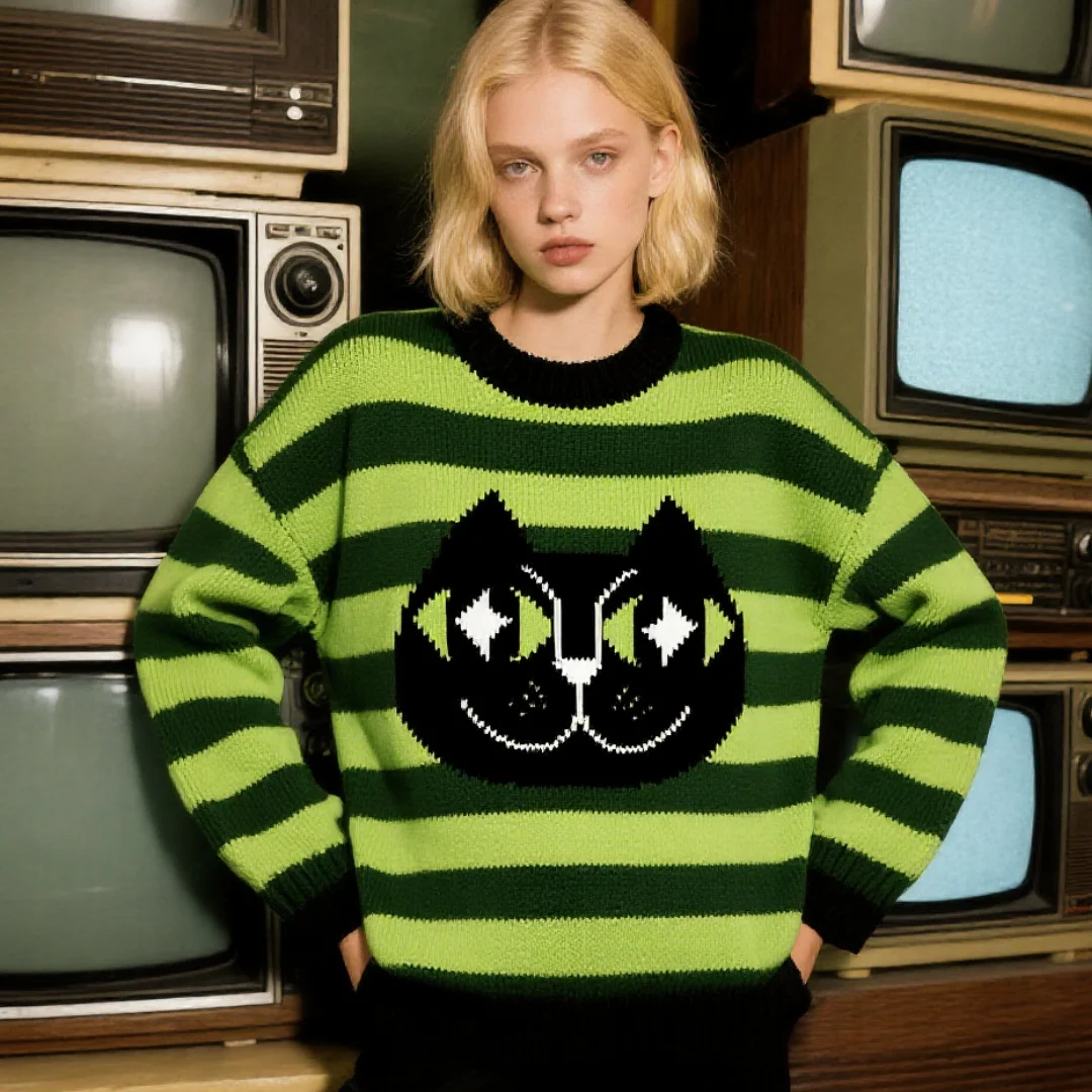 الرجعية الأخضر القط محبوك سترة جولة الرقبة طويلة الأكمام المرأة الخريف أزياء تريكو مريح أعلى نمط مبتكر #1