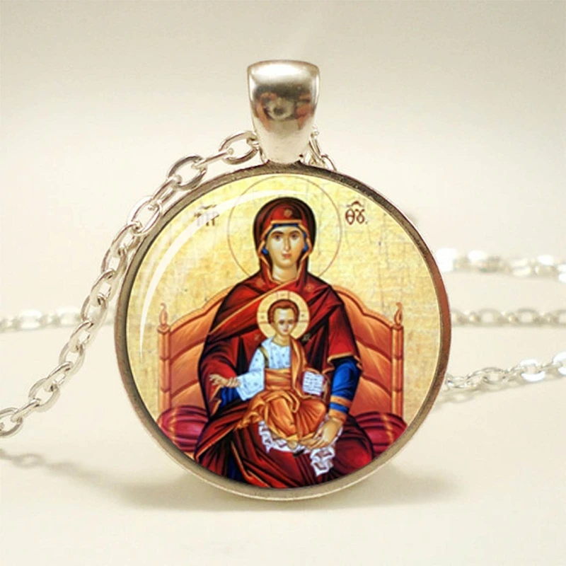 Jesus Christ Catholic Jewelry Necklace Virgin Mary Religious Art Glass Dome Pendant Gift