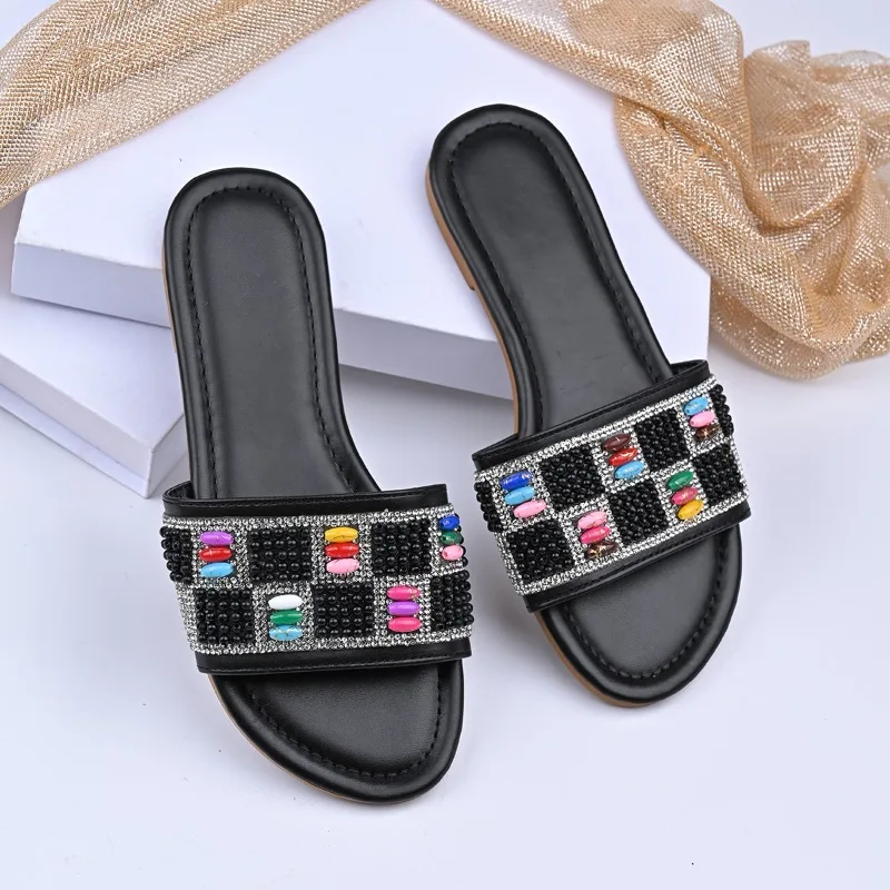 

Женские летние сандалии большого размера с цветными бриллиантами, новые нескользящие уличные тапочки с квадратным носком и открытым носком на мягкой подошве