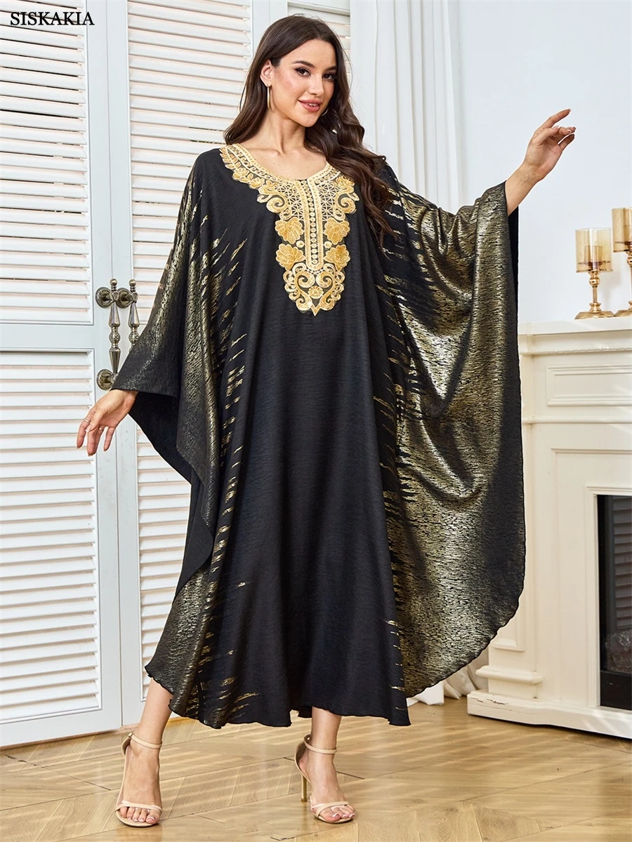 

Siskakia Luxury Woman Evening Dress New Dubai Jacquard Dolman Sleeve Abaya Sequins Loose Moroccan Kaftan