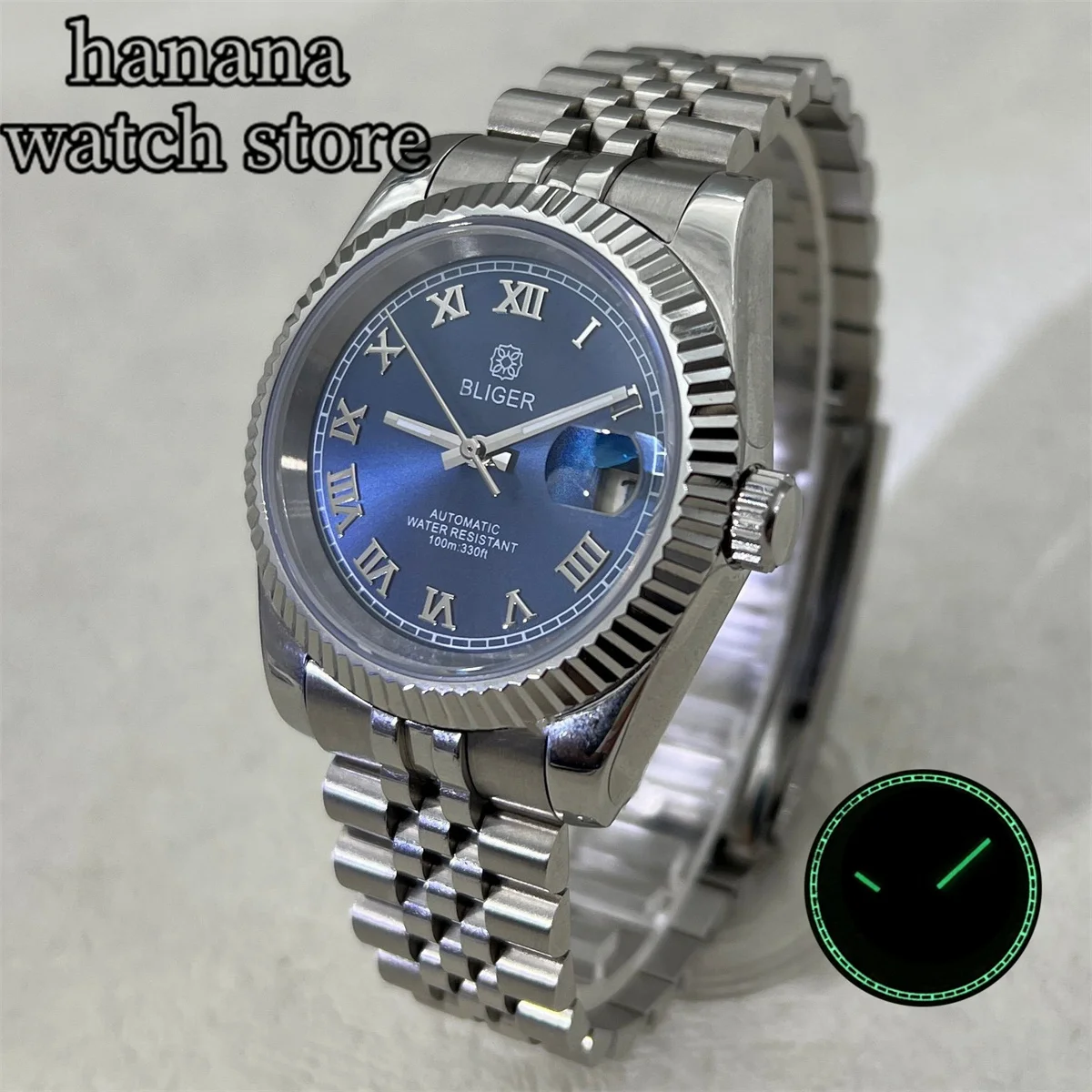 

BLIGER 36mm 39mm Sunburst Blue dial Silver Roman Index sapphire glass recessed bezel 316L stainless steel strap NH35 movement