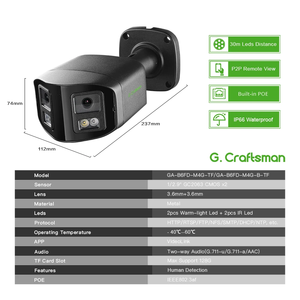 G.Craftsman 2 МП * 2 МП IP Камера POE двойной объектив CCTV видеонаблюдение металлическая безопасность