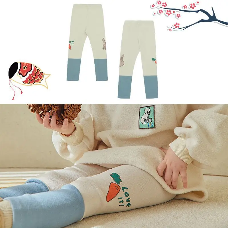 

Jenny&Dave 2023 Winter New PS Children's Casual Pants: Children's Cartoon Letter Printing Spliced with Velvet Underpants