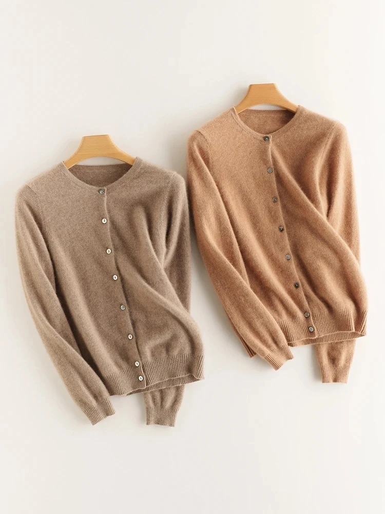 ANGEL 100% Cashmere Cardigan For Women O-neck Long Sleeve Knitwear High Quality Spring Autumn Winter Soft Warm Sweater Tops