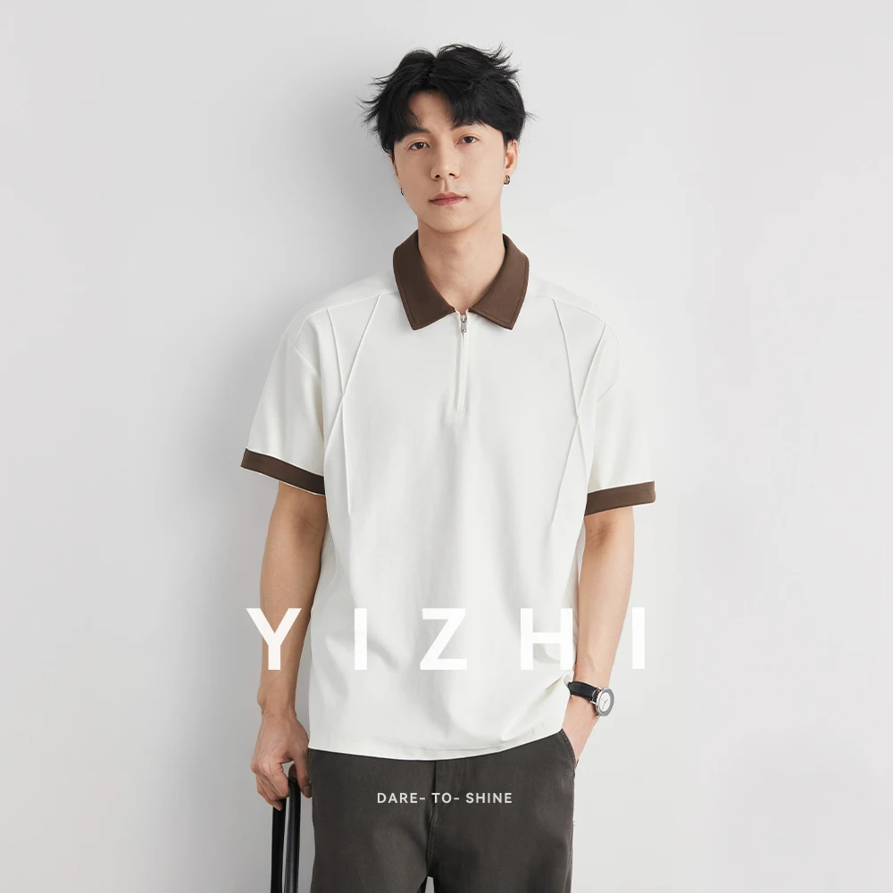 

Men's Contrast Collar Half Zip Polo Shirt 2026 Summer 60S Combed Cotton Soft Durable Casual Short Sleeve Tee