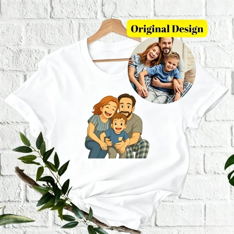 Customized Family Photo Cartoon Portrait Short Sleeve Tee Personalized Photo Custom T Shirt Matching Family Outfit Perfect Gift