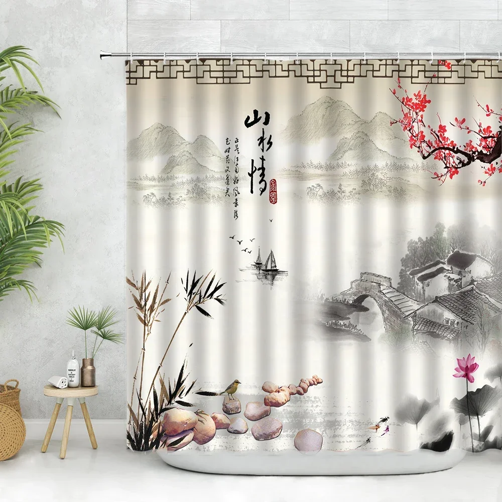 Ancient Style Ink Landscape Painting Shower Curtain 3D Mountain Village Red Plum Blossom Lotus Boat In The Ocean Bath Decor Hook