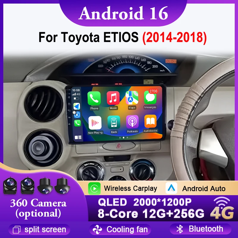 Estéreo para Auto para Toyota ETIOS 2014-2018, Carplay Inalámbrico, Android 16, Multimedia, GPS, Navegación, Reproductor de Video, Autoradio, Bluetooth