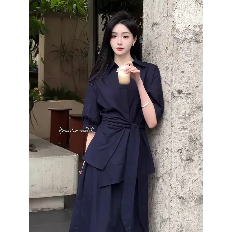 SuperAen Summer New Fashion Lace-up Waist Turn-down Collar Shirt Women's Elegant A-line Long Skirts Two-piece Sets