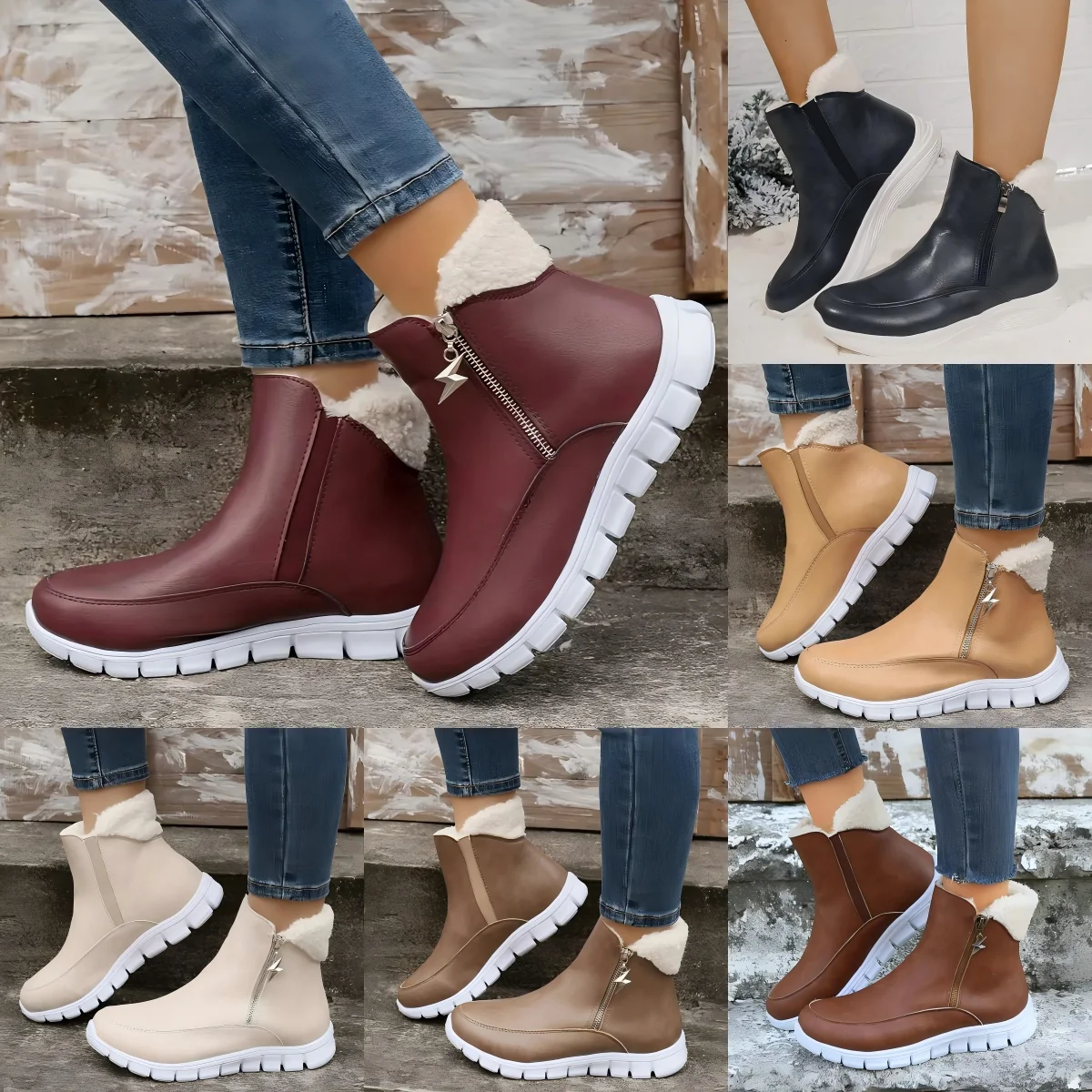 

Women's Snow Boots - Comfortable Fleece Lining, Thick-bottomed Ankle Boots with Side Zipper, Warm and Fashion in All Season