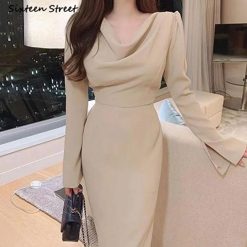 Chic Black Pleated Dress Women Belt  Turn-down Neck Long-sleeve Woman's Clothing Korean Business Bodycon Dress Office Lady