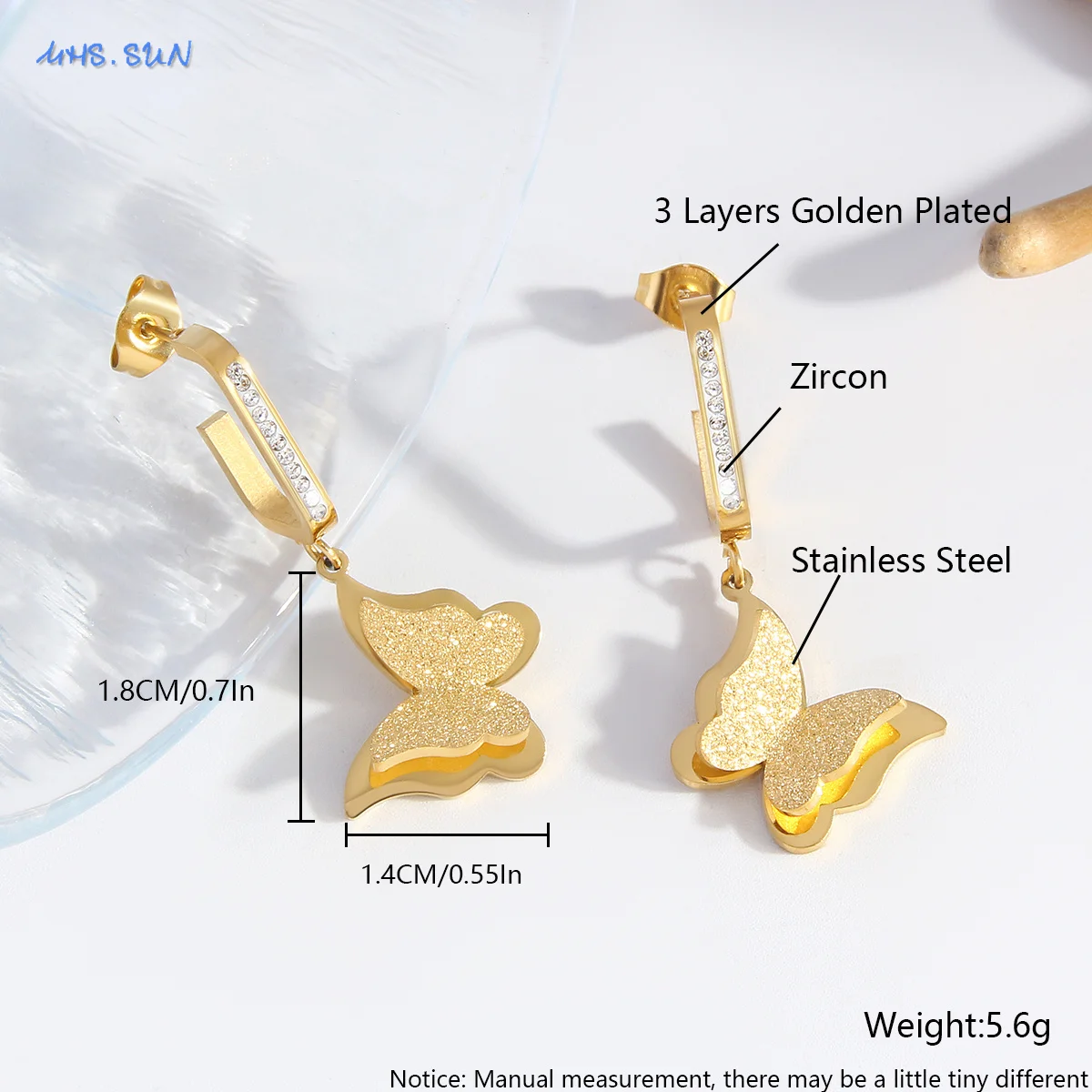 MHS.SUN High Quality Luxury Butterfly Dangle Earrings Gold Color Zircon For Women Female Shiny Wedding Jewelry Birthday Gift