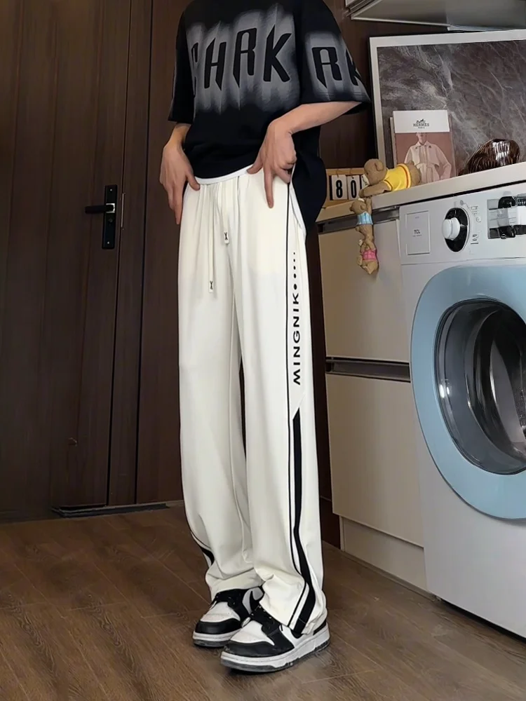 

Новые мужские повседневные брюки 2025 года в американском стиле: свободные прямые спортивные штаны из ледяного шелка для лета, модные, охлаждающие, длинные
