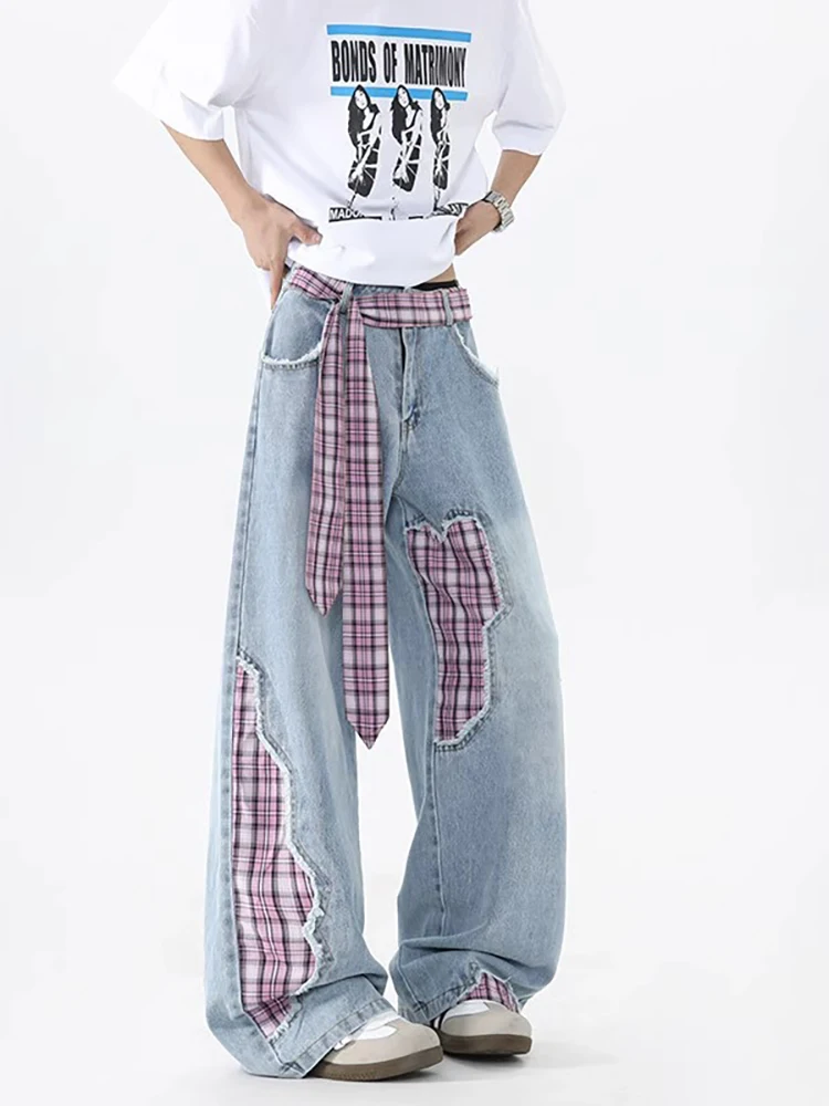 

Мужские джинсы Clara с клетчатым узором, летние, широкие, прямого кроя, в американском ретро-стиле, молодежные, модные, износостойкие, свободного кроя