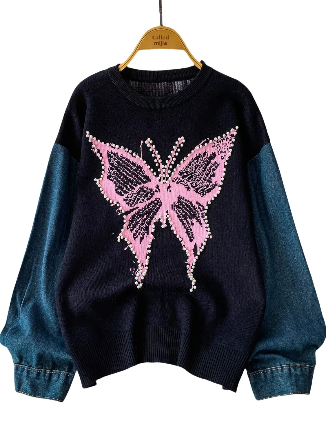 Design Sensation Lange Sve Denim Gebreide Trui Dames Losse Afslankende Top Splicing Glinsterende Kralen Casual Hoodie