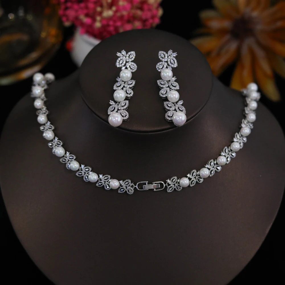 Imagem -05 - Elegante Brilhante Cubic Zirconia Conjunto de Jóias para Mulheres Grande Colar de Pérolas Presente de Noiva de Luxo Banquete de Casamento Acessórios de Dama de Noiva