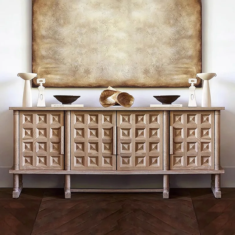 

American retro solid wood dining side cabinet medieval wabi wind living room bedroom entrance engraved TV cabinet storage