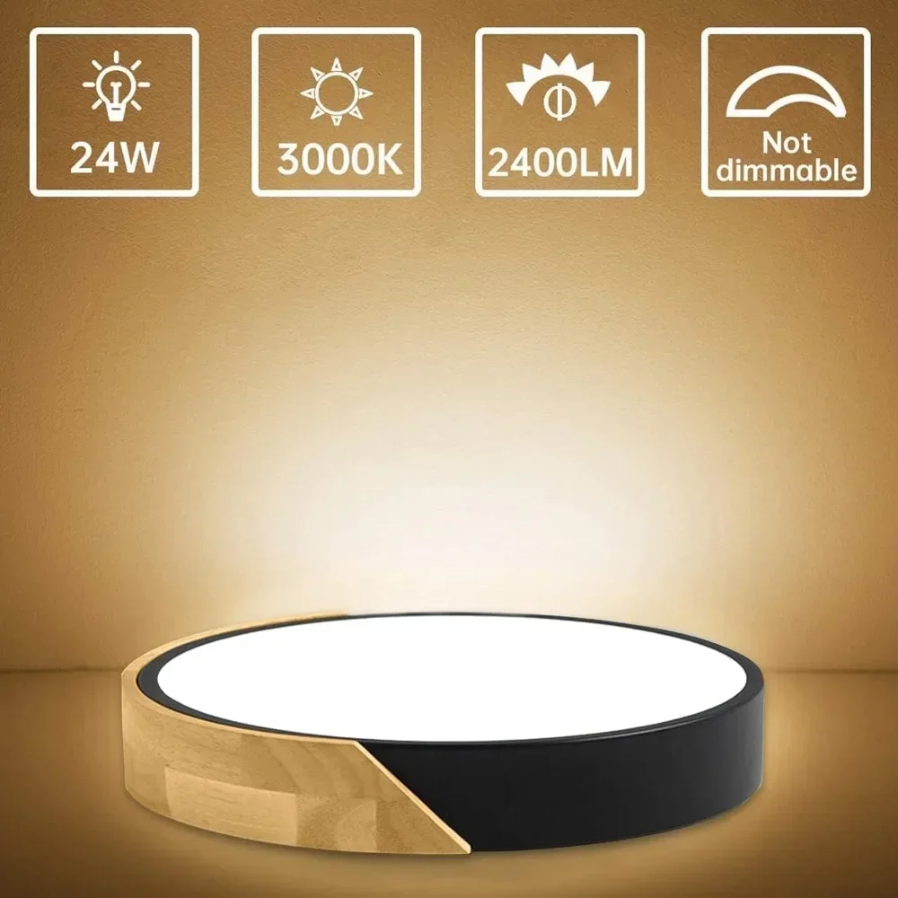 Led Ceiling Light Flush Mount 12 Inch/30cm 24W Bedroom Light Fixture with Round Wood Warm White 3000K Not Dimmable