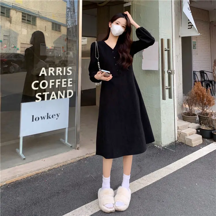 

women's Autumn Fashion Simplicity Solid color V-neck Long sleeve A-line skirt women clothes trend temperament elegant dress