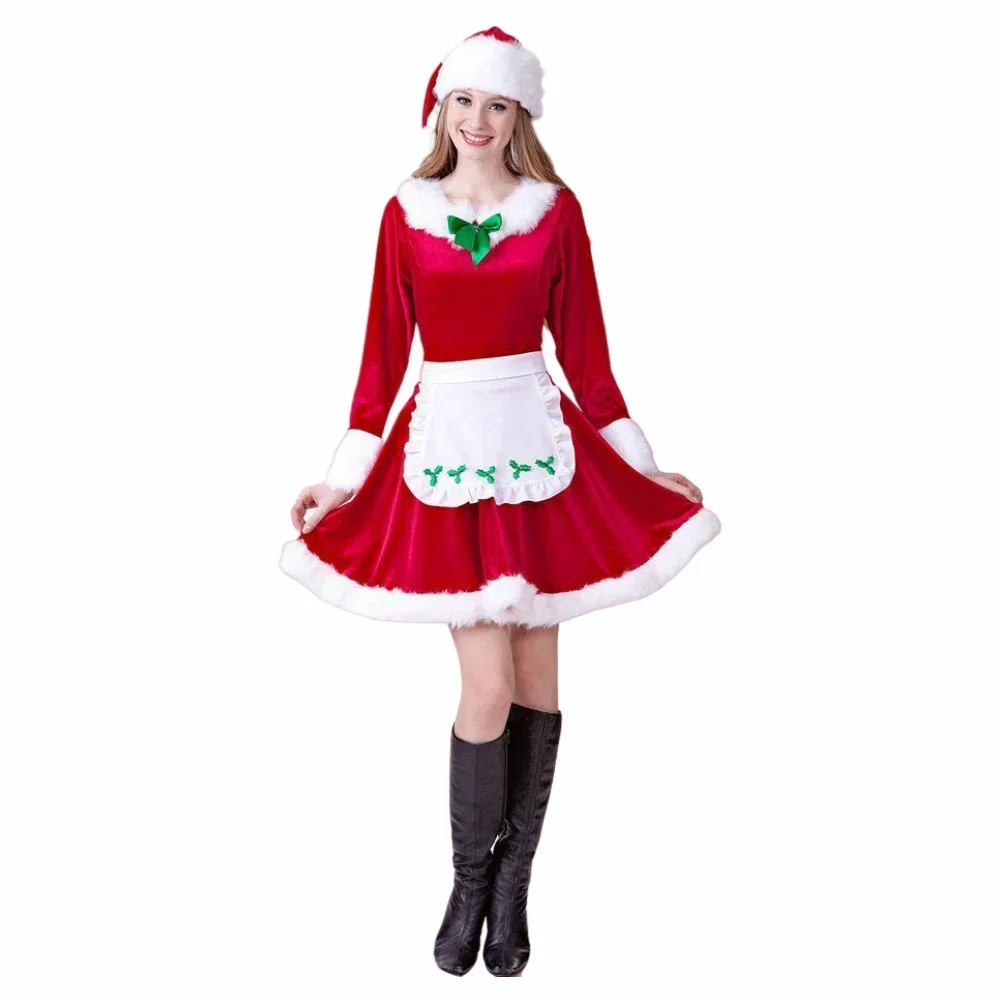 3-個の女性のセクシーなレッドベルベットサンタクロースクリスマスコスチュームコスプレクリスマスメイドファンシードレス