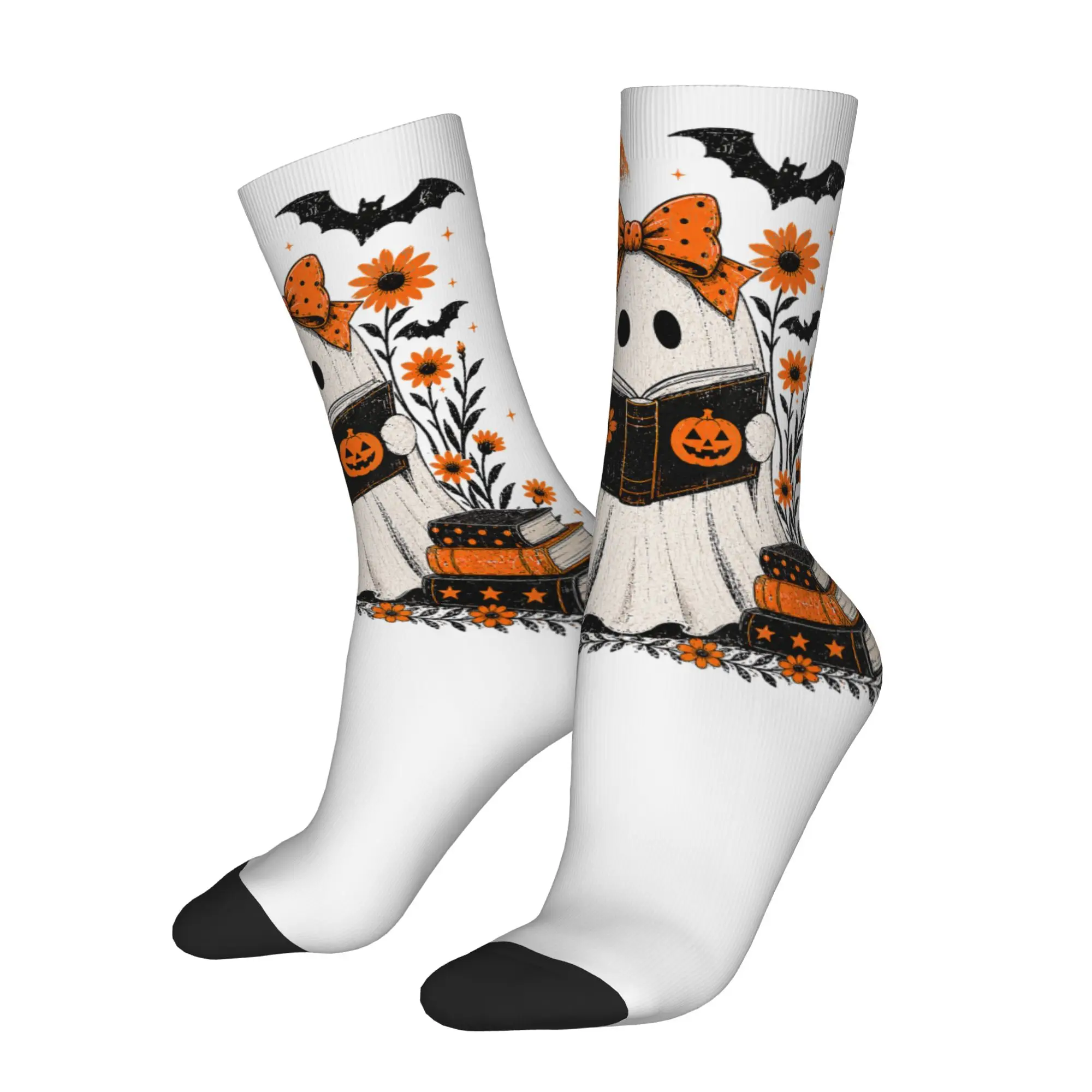 Casual Halloween Ghost Reading Book Basketball Socks Pumpkin Flowers Polyester Middle Tube Socks for Women Men Breathable
