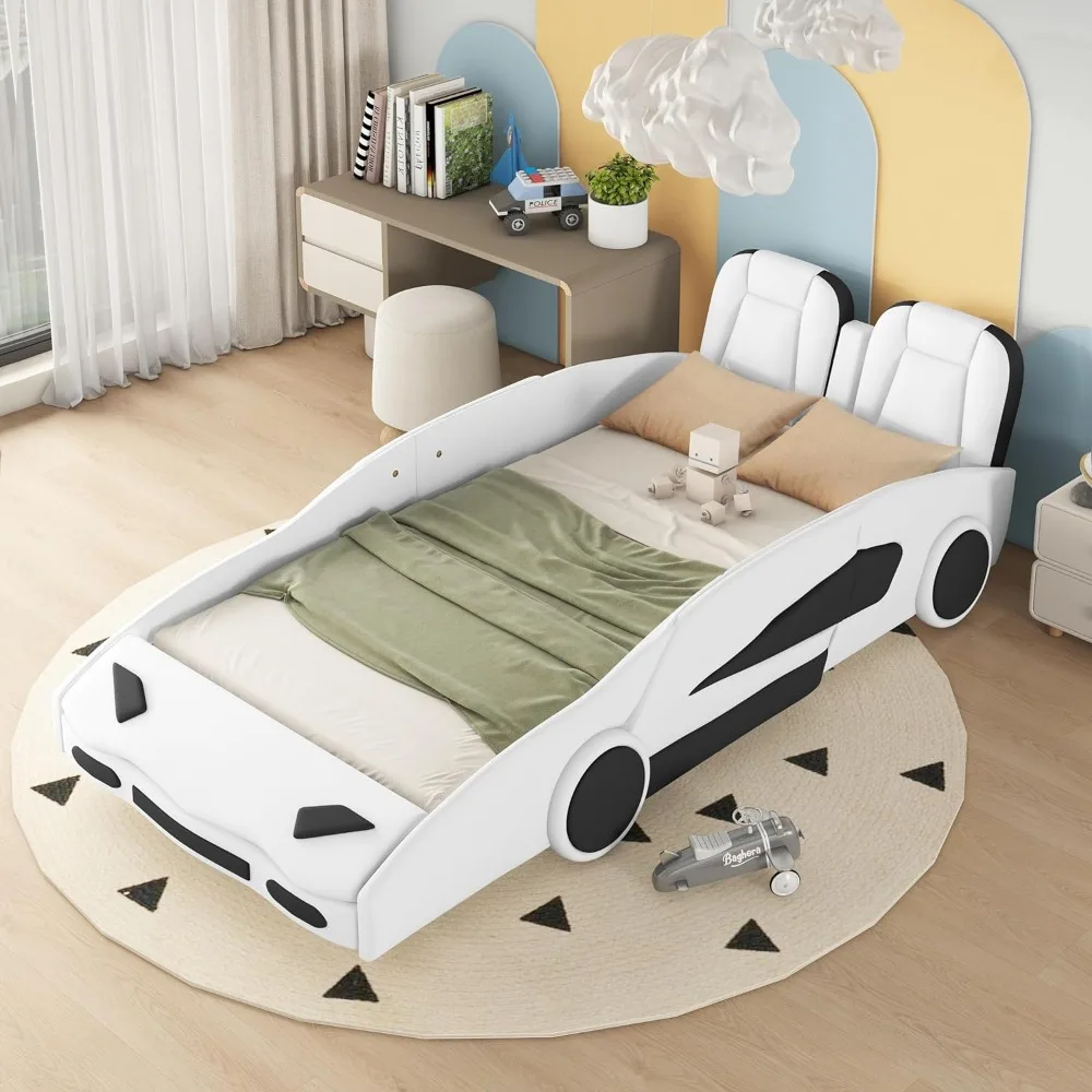 Cama de coche de carreras de tamaño doble para niños, marco de cama de coche fresco con ruedas para niños, cama doble con barandilla para niños