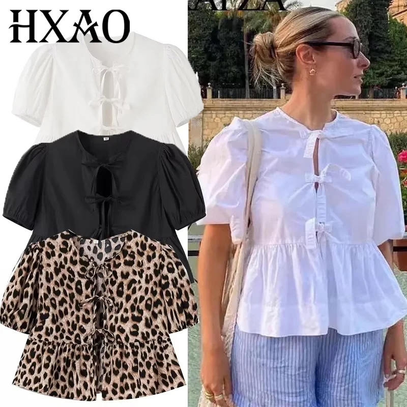 

HXAO Woman 2024 Blouse Puff Sleeve Cropped White Blouse For Women Pleated Cut Out Black Blouse With Tied Leopard Print Top