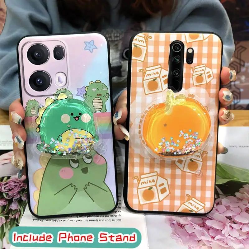 

Блестящий милый чехол для телефона для OPPO Reno13 Pro, подставка, грязеотталкивающий модный дизайн, задняя крышка с зыбучим песком из мультфильма, ТПУ