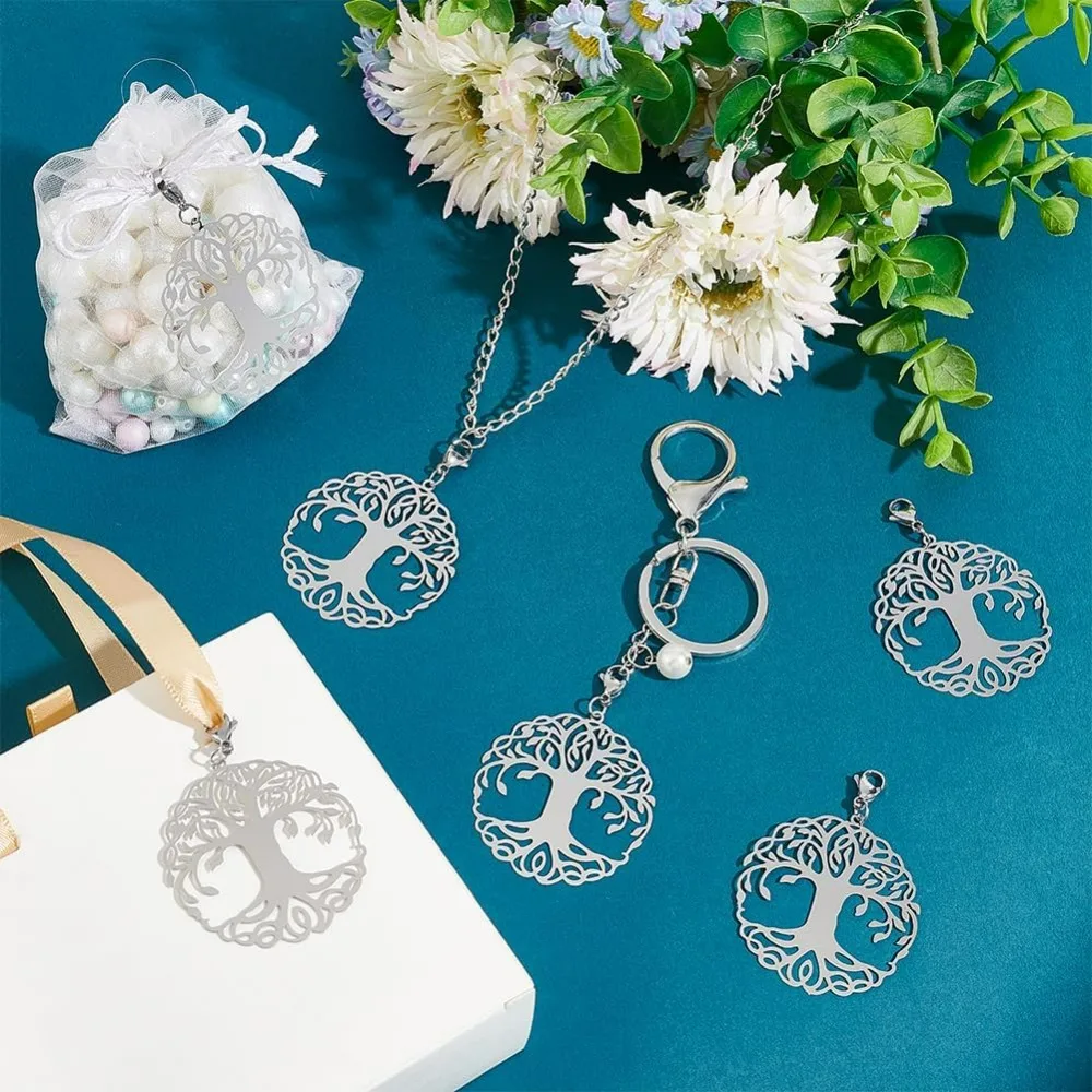 20pcs 201 Stainless Steel Tree of Life Flat Round Filigree Pendants with Lobster Claw Clasps Metal Hollow Charm Drop Dangle