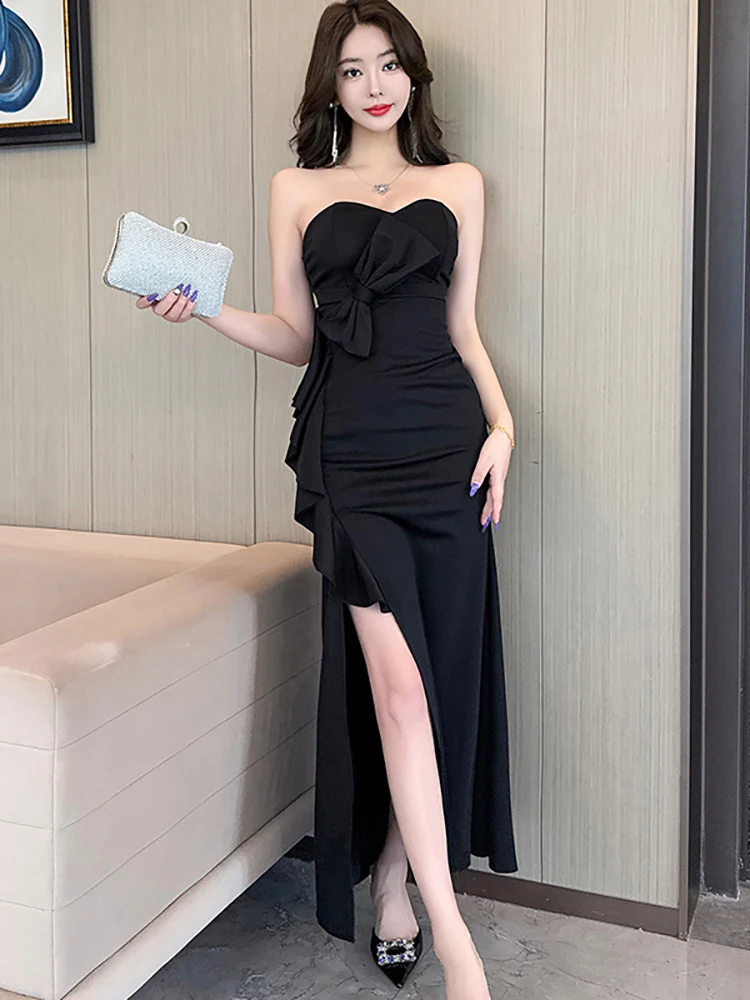 Zomer witte strik bodycon ruches split lange jurk damesmode chique borstverpakking sexy jurk 2025, elegante luxe avondjurk