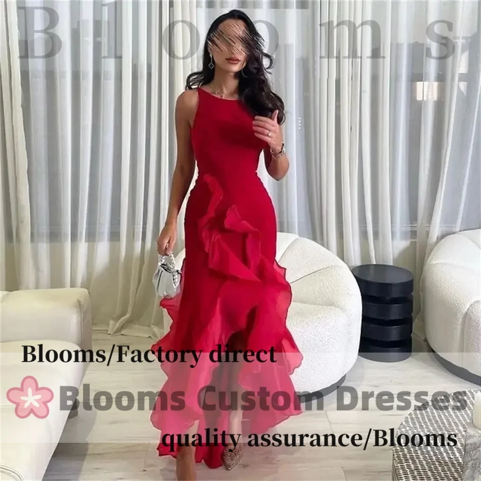 

Customized Red Backless Ruffles Simple Evening Dresses 2025 Women Wedding Elegant Party Dress Sleeveless Prom Gown